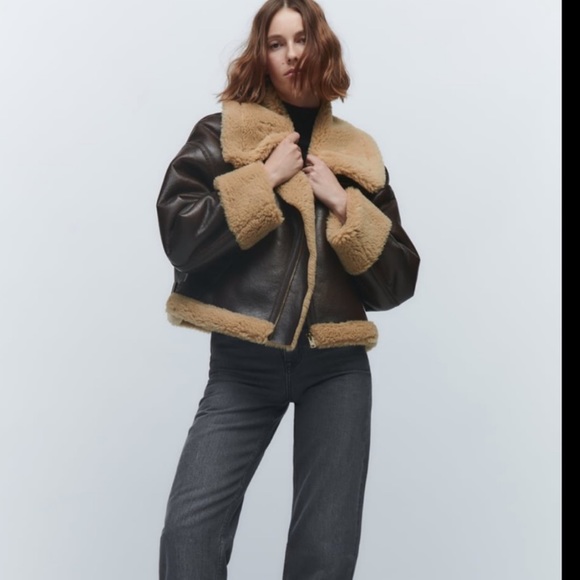 Zara brown leather jacket with fleece - Picture 2 of 2
